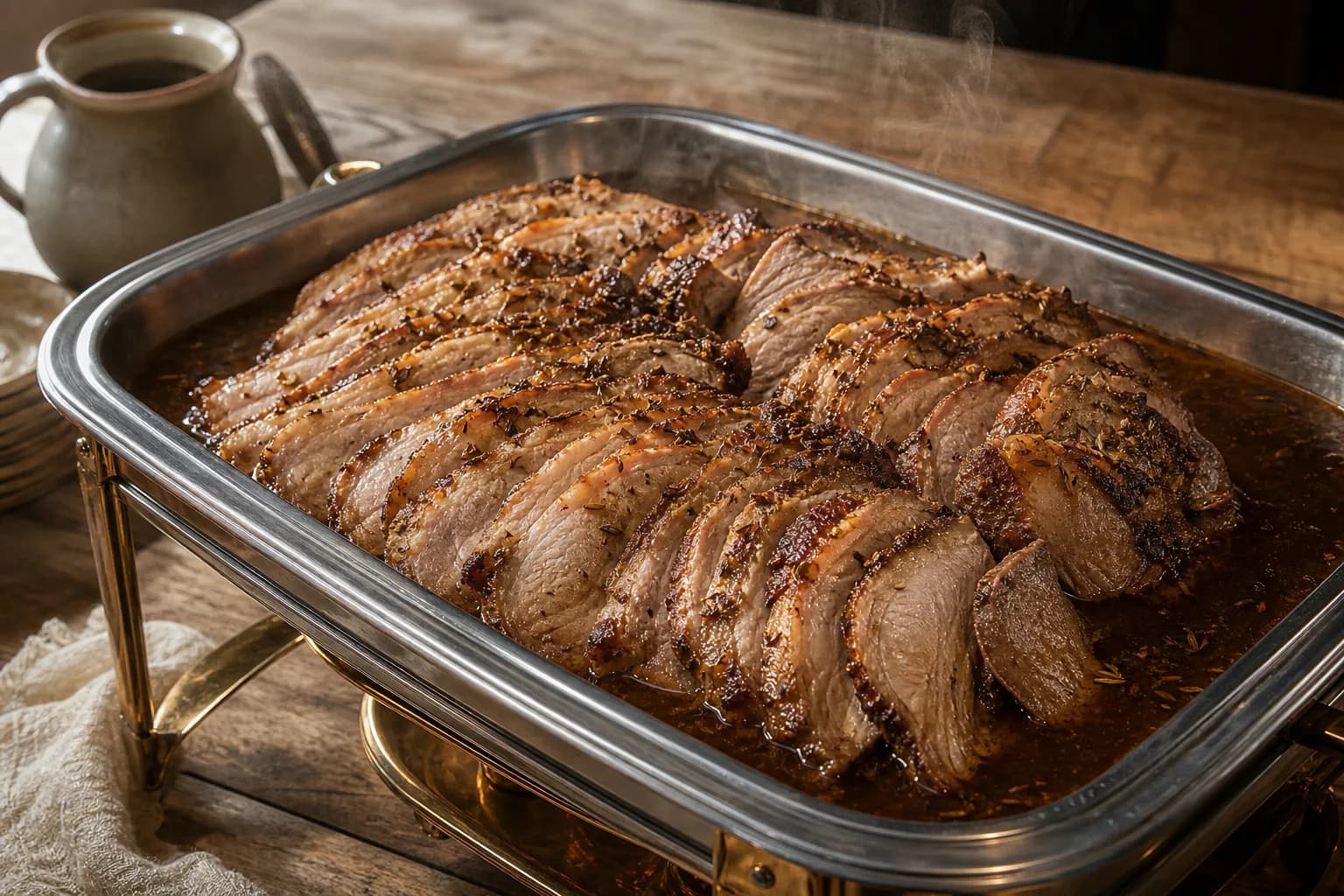 Caraway-crusted roast pork slices fanned in dark pan gravy inside a stainless chafing pan on a brass stand