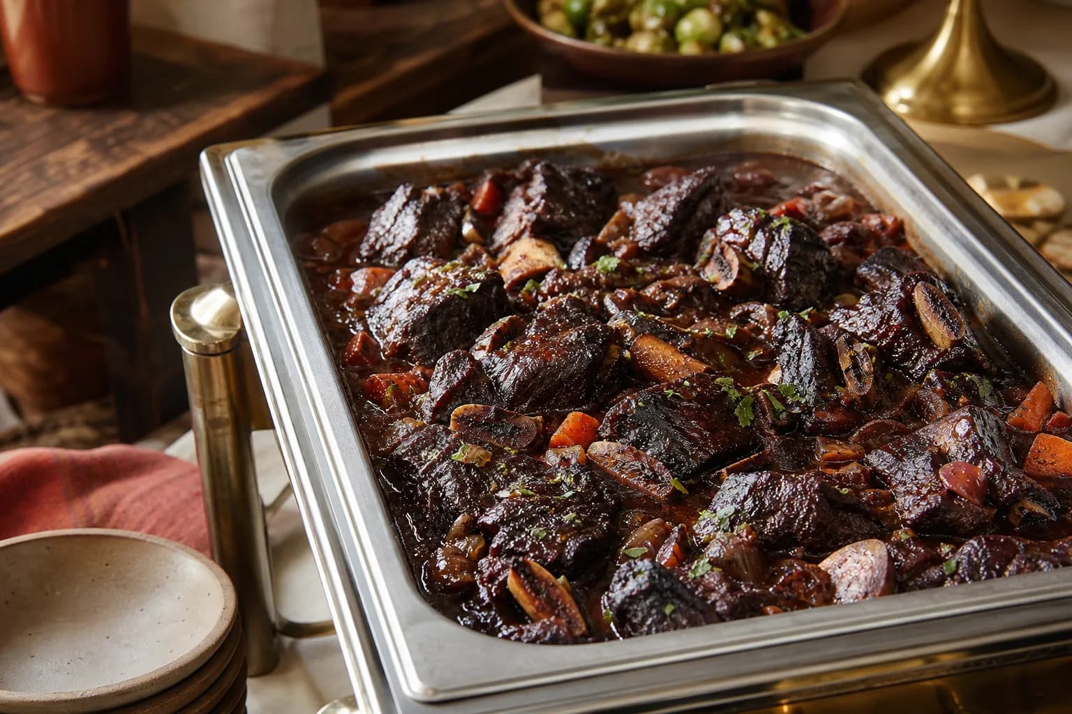 Deeply braised beef short ribs in dark red wine sauce with carrots, mushrooms and parsley, in a stainless chafing pan