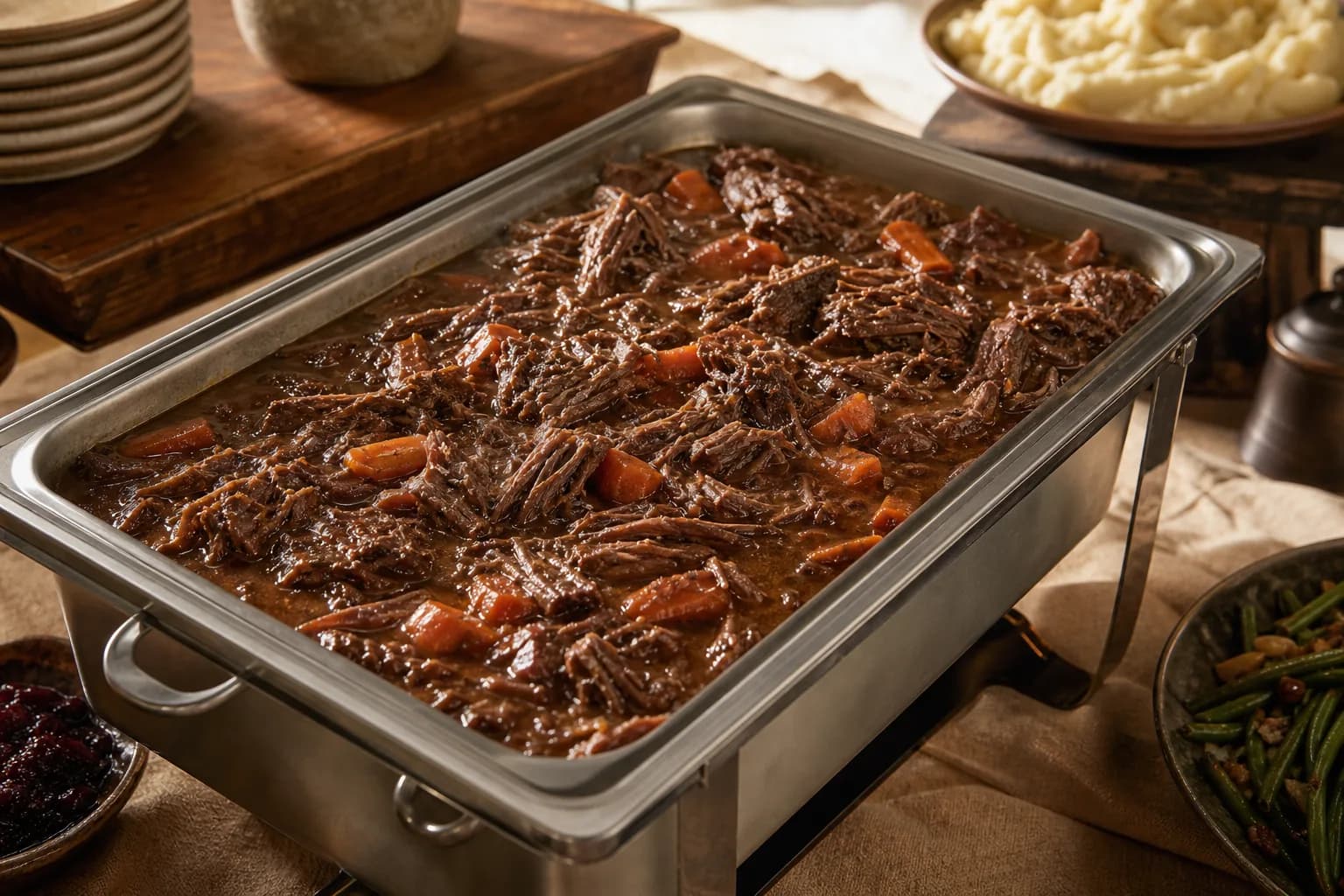 Pulled braised beef chuck with carrot chunks in brown gravy, filling a stainless chafing pan