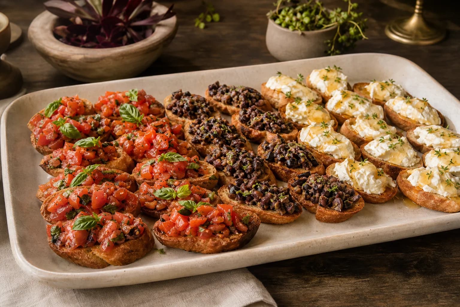 Three styles of bruschetta toast arranged in rows on a large stone serving platter
