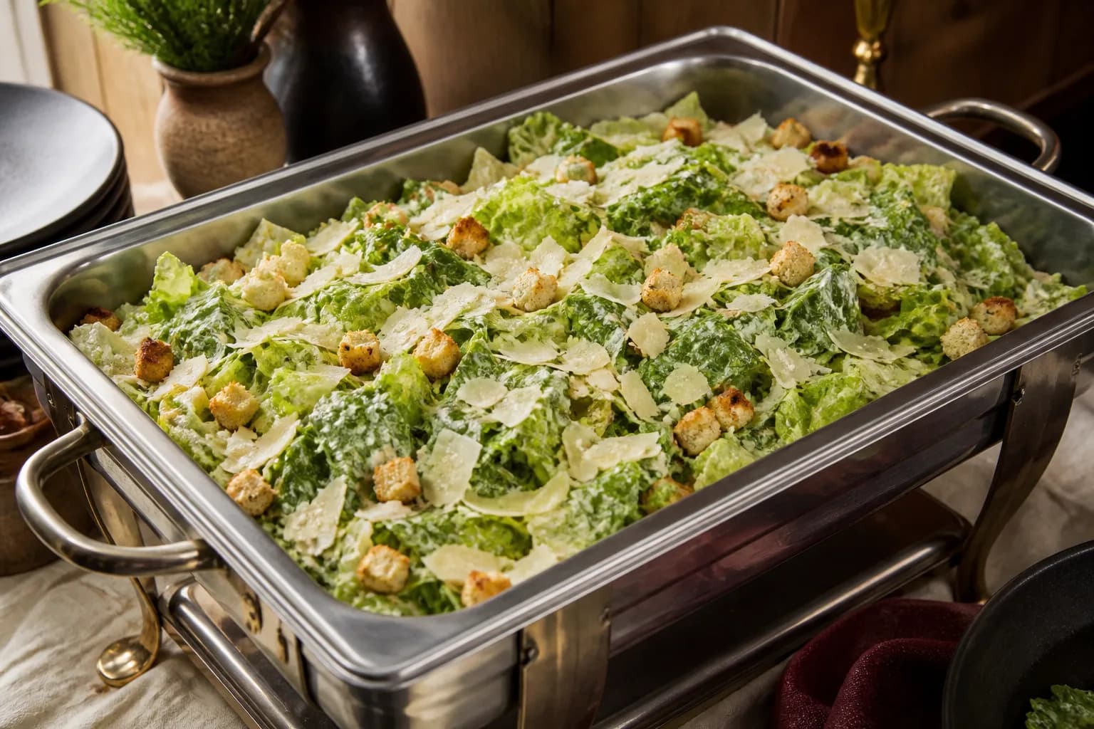 Caesar salad with shaved parmesan and croutons, served at catering scale in a stainless chafing pan