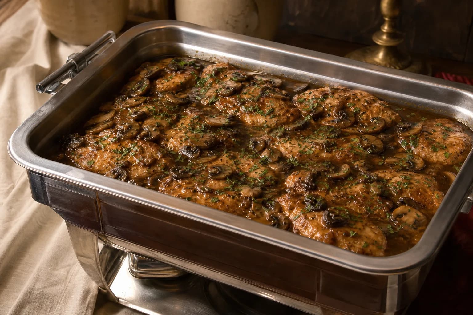 Seared chicken cutlets under a dark mushroom Marsala sauce with parsley, filling a stainless chafing pan