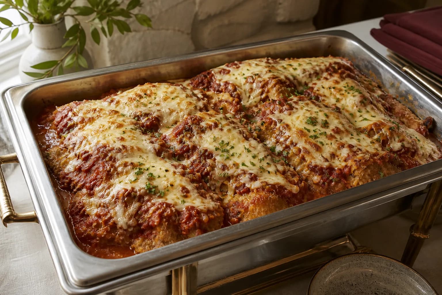 Golden breaded chicken cutlets under marinara and melted mozzarella, served at catering scale in a stainless chafing pan