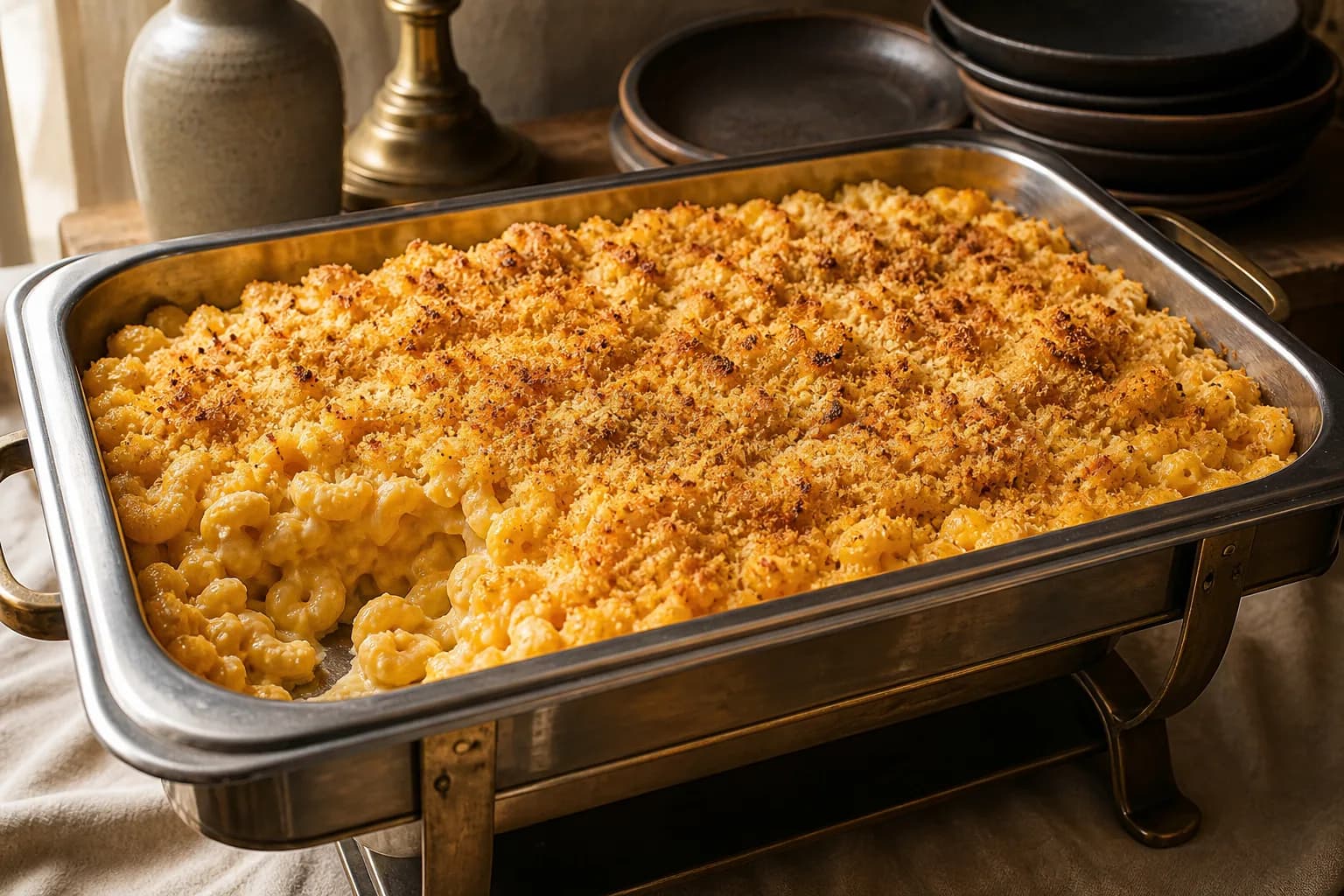 Baked elbow macaroni in cheddar sauce under a browned breadcrumb crust, served in a stainless chafing pan
