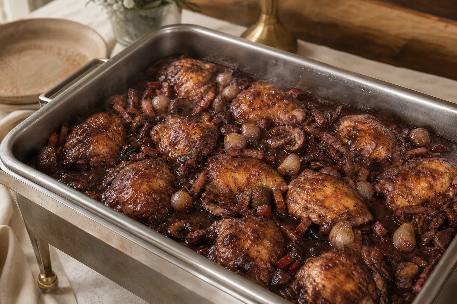 Braised chicken thighs in dark red wine sauce with bacon lardons, mushrooms and pearl onions, in a stainless chafing pan