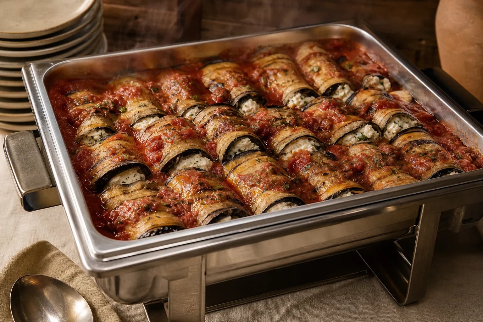 Rolled eggplant slices filled with ricotta under tomato sauce, served at catering scale in a stainless chafing pan