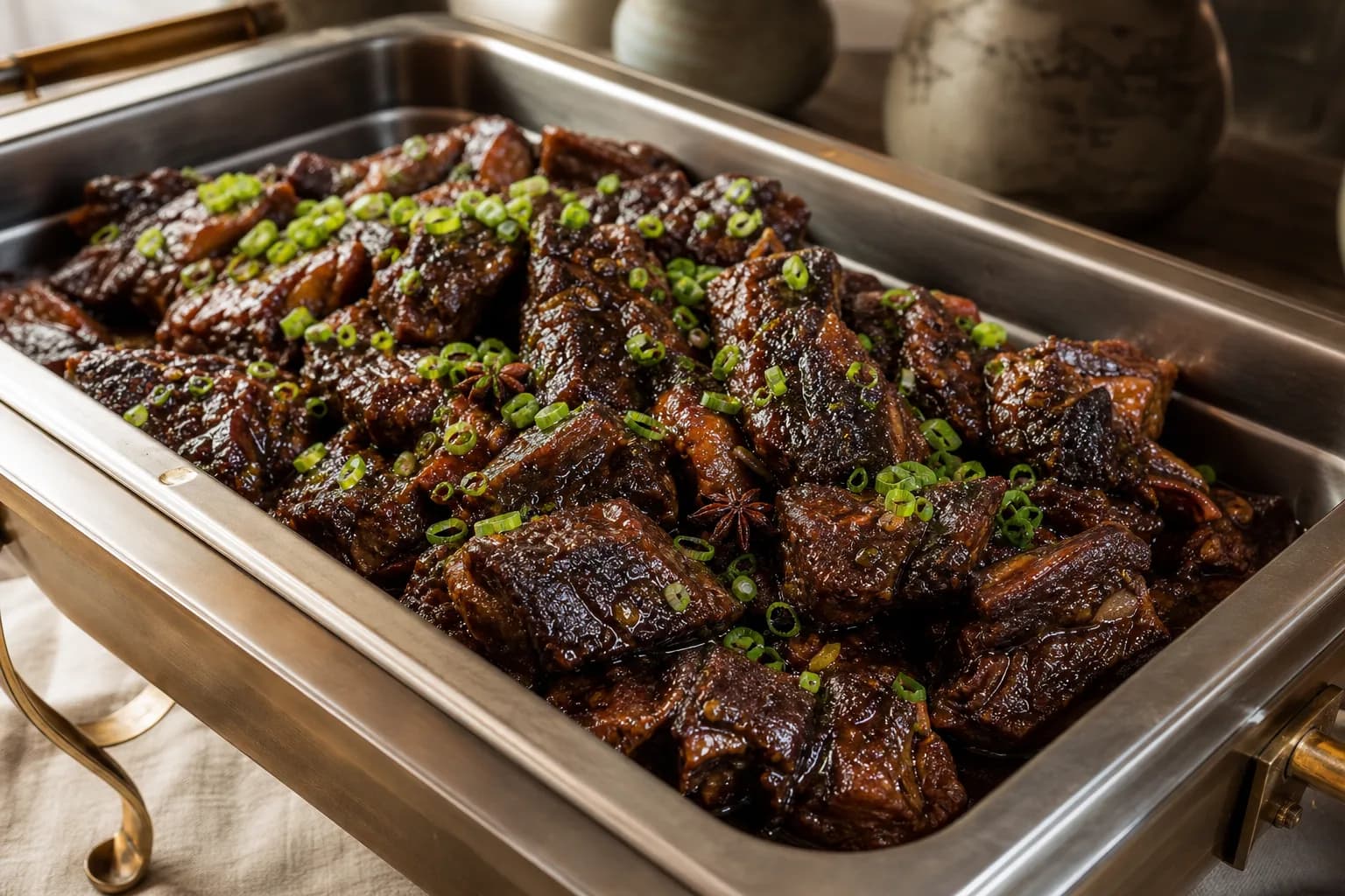 Dark glazed braised beef short rib chunks with star anise and sliced scallions in a stainless chafing pan