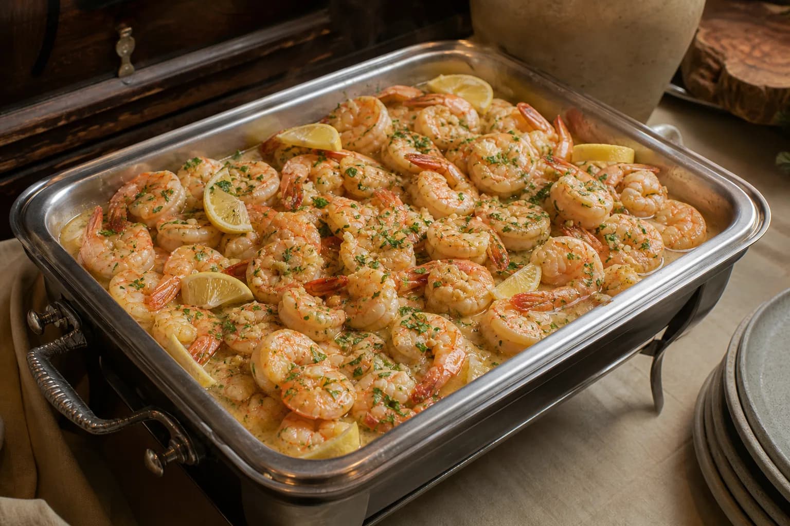 Shrimp in garlic butter pan sauce with lemon wedges and chopped parsley, filling a stainless chafing pan