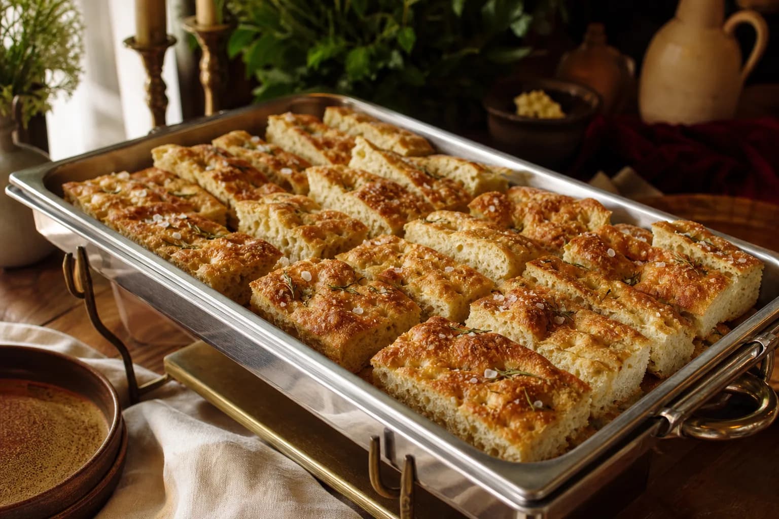 Golden rosemary focaccia cut into squares, served at catering scale in a stainless chafing pan