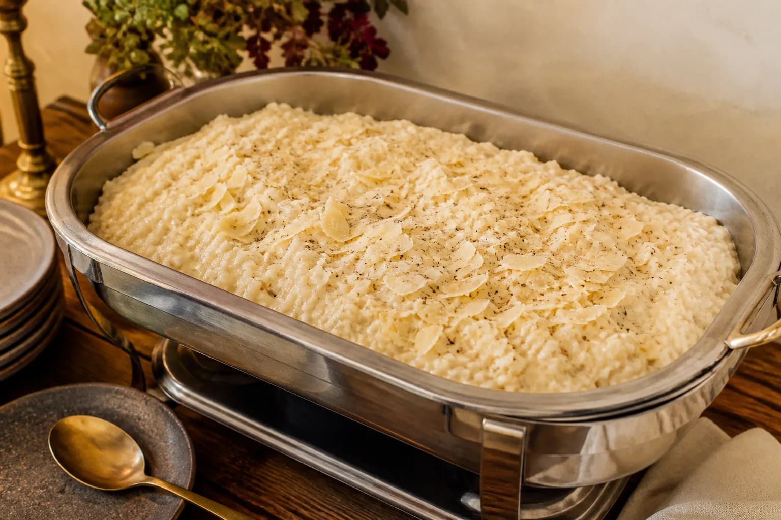 Creamy risotto finished with shaved parmesan and cracked pepper, served at catering scale in a stainless chafing pan