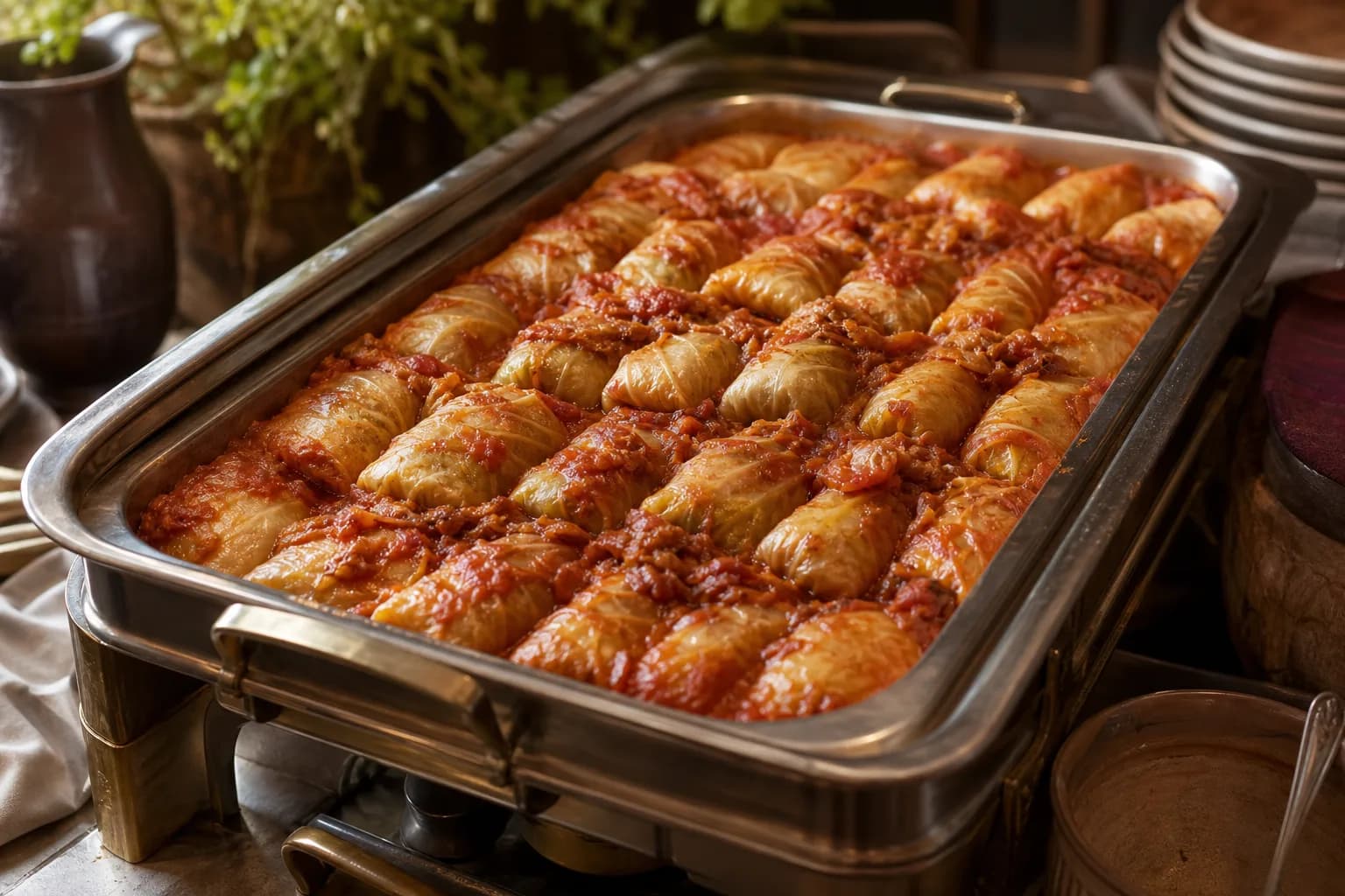 Golabki cabbage rolls under glossy tomato sauce, lined up in tight rows in a stainless hotel pan on a chafing stand