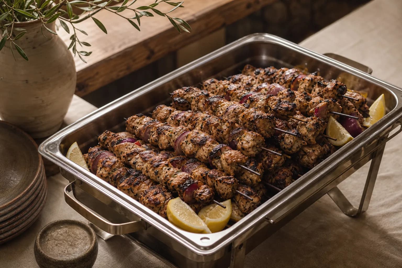 Charred herb-marinated chicken souvlaki skewers with red onion and lemon wedges in a stainless chafing pan