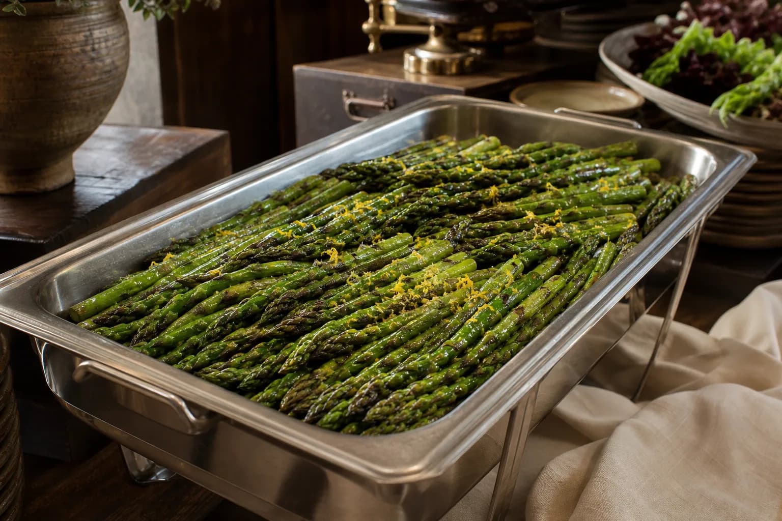 Grilled asparagus spears with lemon, served at catering scale in a stainless chafing pan