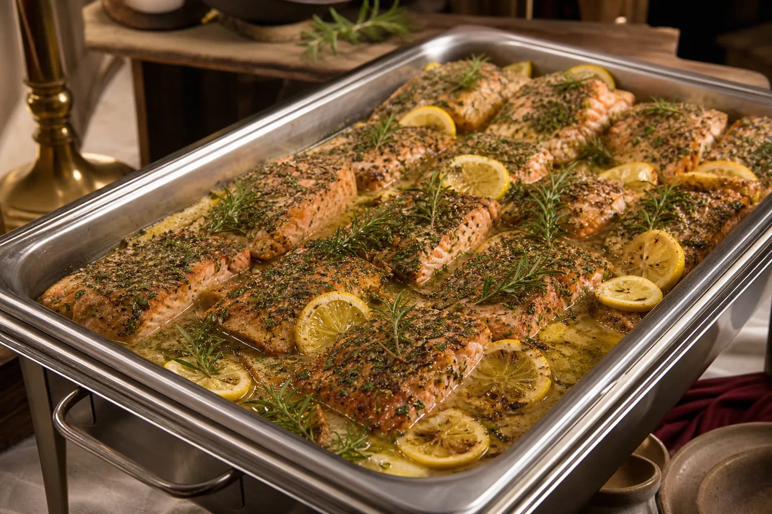 Herb-crusted salmon fillets with lemon slices and fresh dill, served at catering scale in a stainless chafing pan