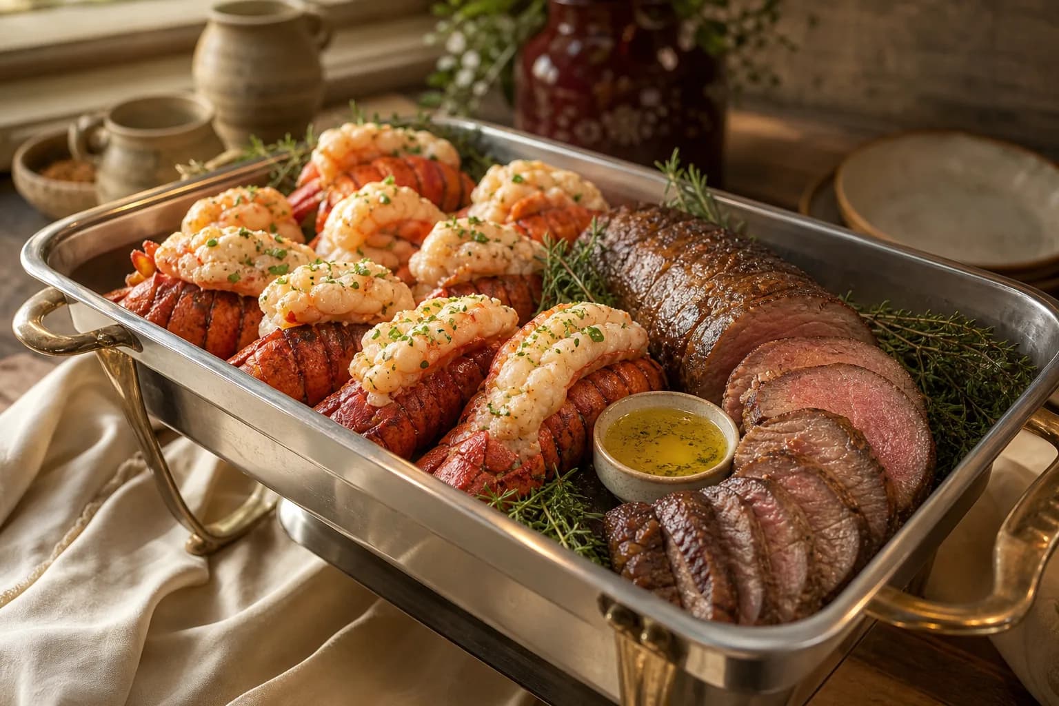 Butterflied lobster tails and sliced medium-rare beef tenderloin with a ramekin of drawn butter in a stainless chafing pan