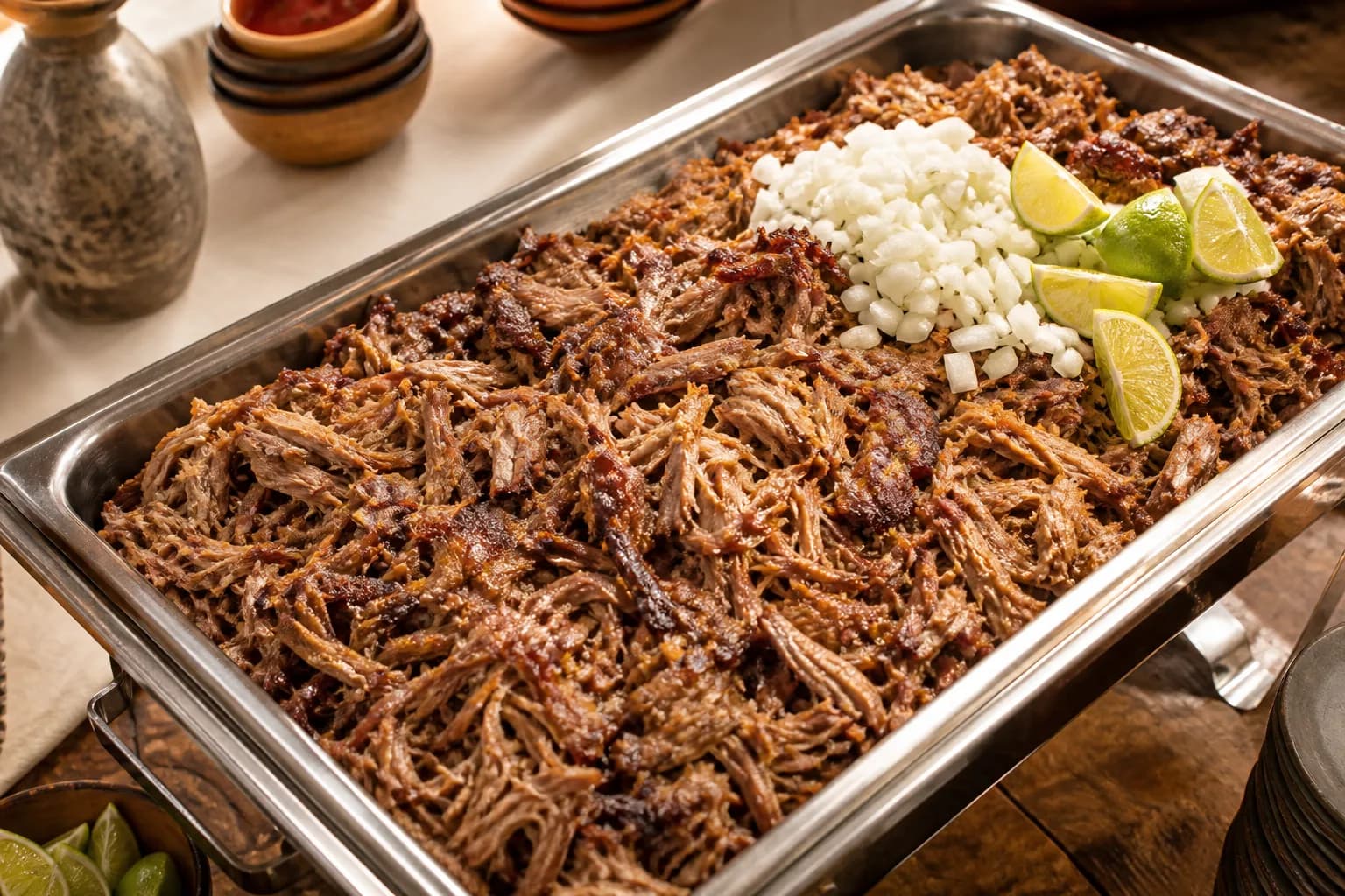 Shredded pork carnitas with crisped brown edges, topped with diced white onion and lime wedges in a stainless chafing pan