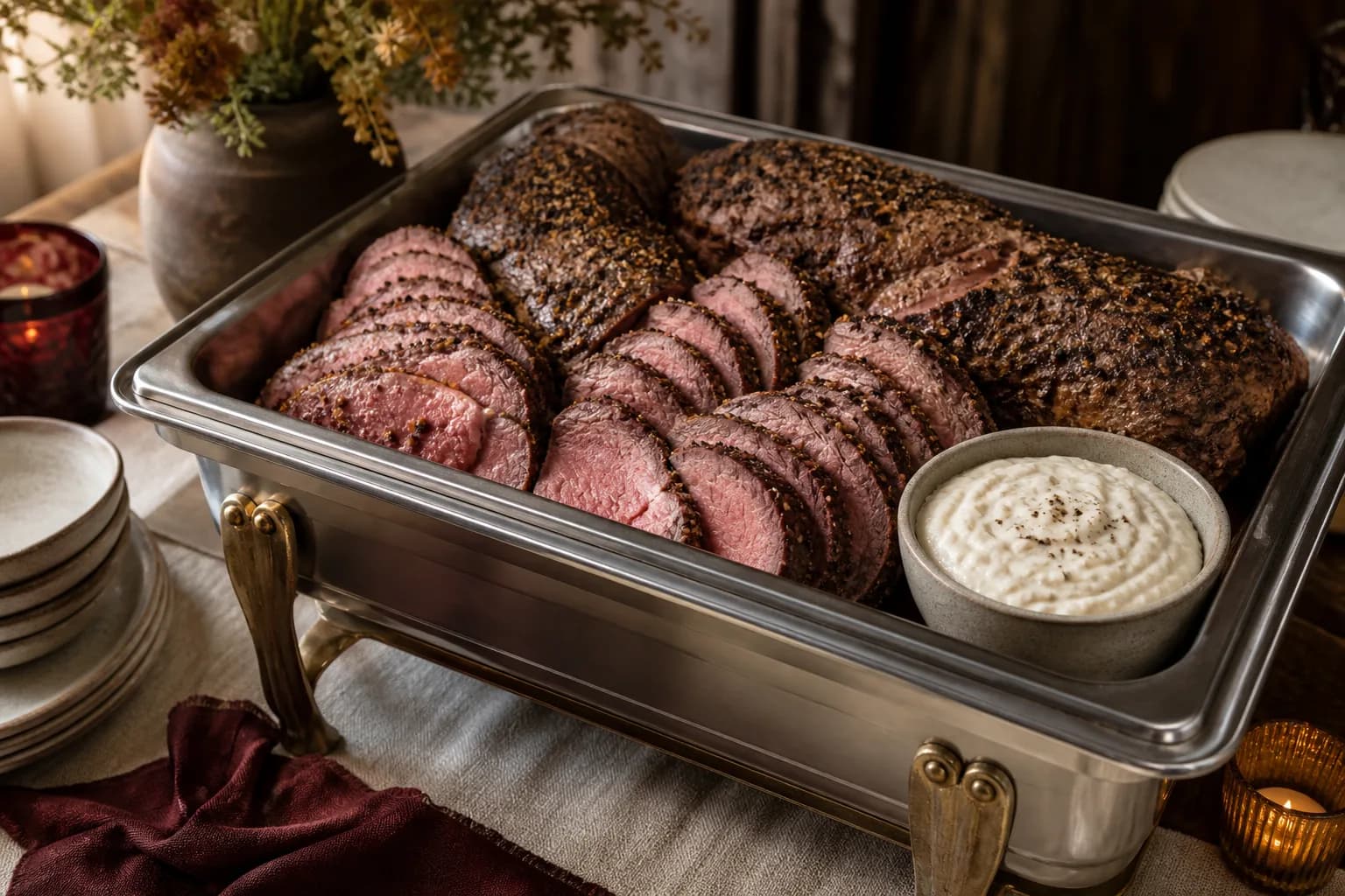 Sliced peppercorn-crusted beef tenderloin with rosy centers and a bowl of horseradish cream in a stainless chafing pan