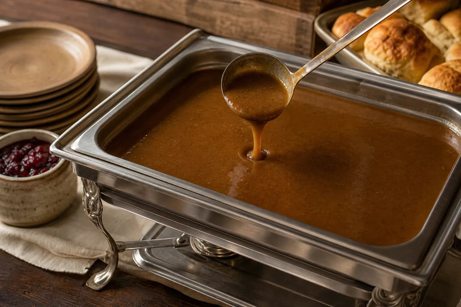 Smooth brown pan gravy drizzling from a ladle back into a full stainless chafing pan on a warmer stand
