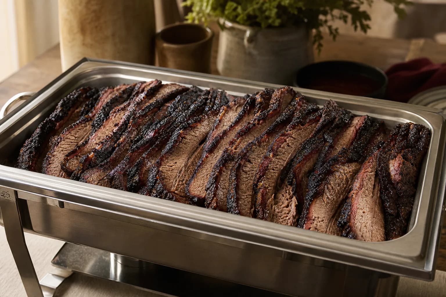 Sliced smoked beef brisket with blackened bark and rosy smoke ring, fanned across a stainless steel chafing pan