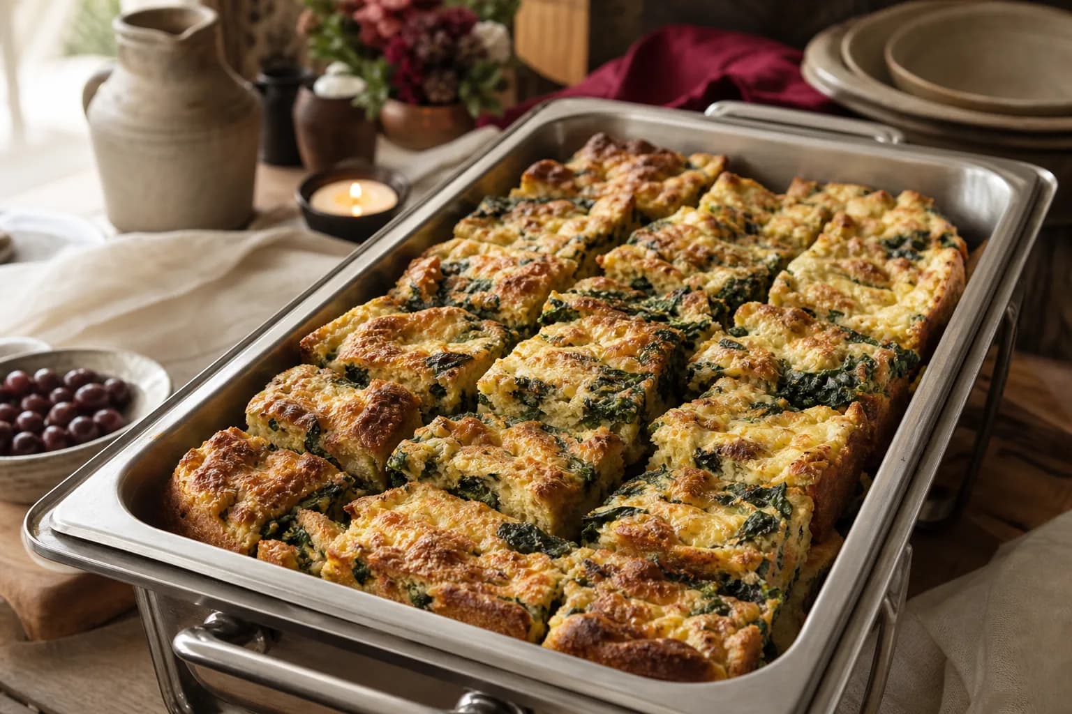 Golden squares of spinach and Gruyere egg strata with browned cheese tops, lined up in a stainless chafing pan