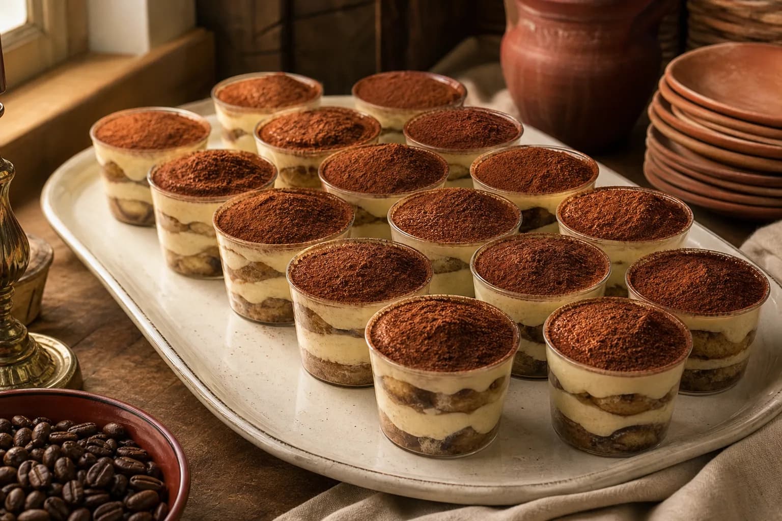 Individual tiramisu cups dusted with cocoa powder, arranged on a large serving tray